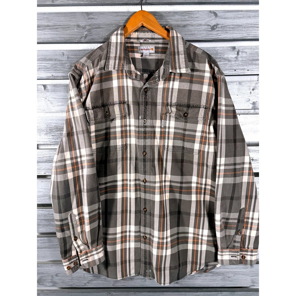 Vtg Carhartt Mens XL Original Fit Flannel Long Sleeve Shirt Grey Plaid worn